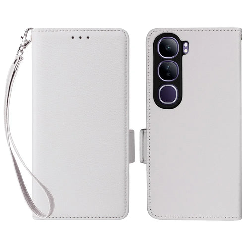 Leather Case with Wrist Strap for vivo V40 SE 5G 80W / V40 Lite (Indonesia) 4G / 5G Litchi Texture Wallet Flip Phone Cover - White - 1