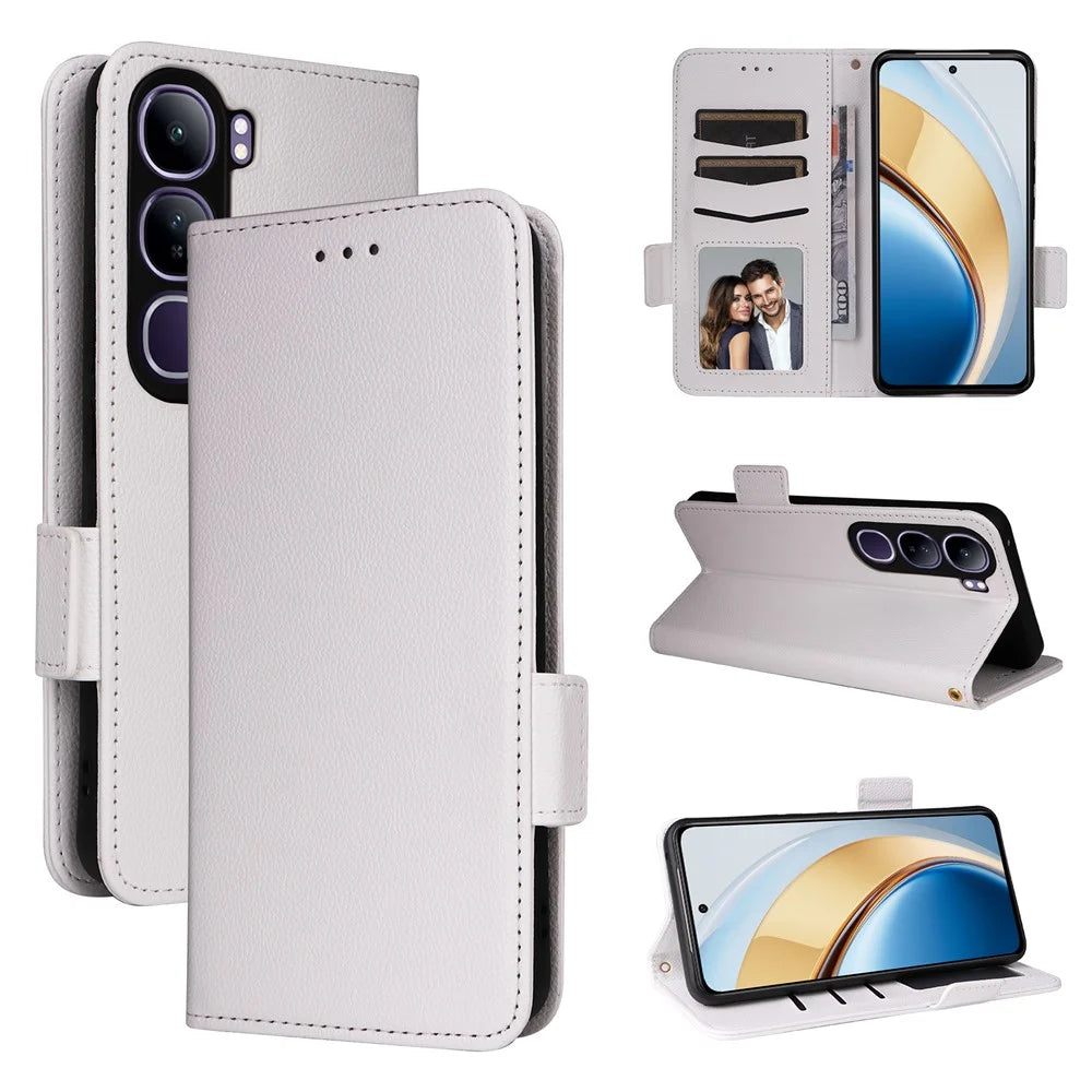 Leather Case with Wrist Strap for vivo V40 SE 5G 80W / V40 Lite (Indonesia) 4G / 5G Litchi Texture Wallet Flip Phone Cover - White - 7