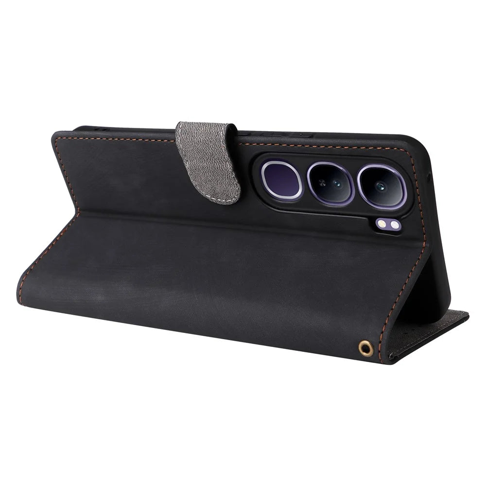 Wallet Phone Case for vivo V40 SE 5G 80W / V40 Lite (Indonesia) 4G / 5G RFID Blocking PU Leather Cover Stand View - Black - 4