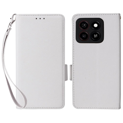 For ZTE Blade A35 / Blade A55 Case with Wrist Strap Litchi Texture PU Leather Wallet Phone Cover - White - 1