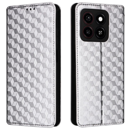 For ZTE Blade A35 / Blade A55 Wallet Case Rhombus Imprinted Leather Phone Cover - Silver - 1