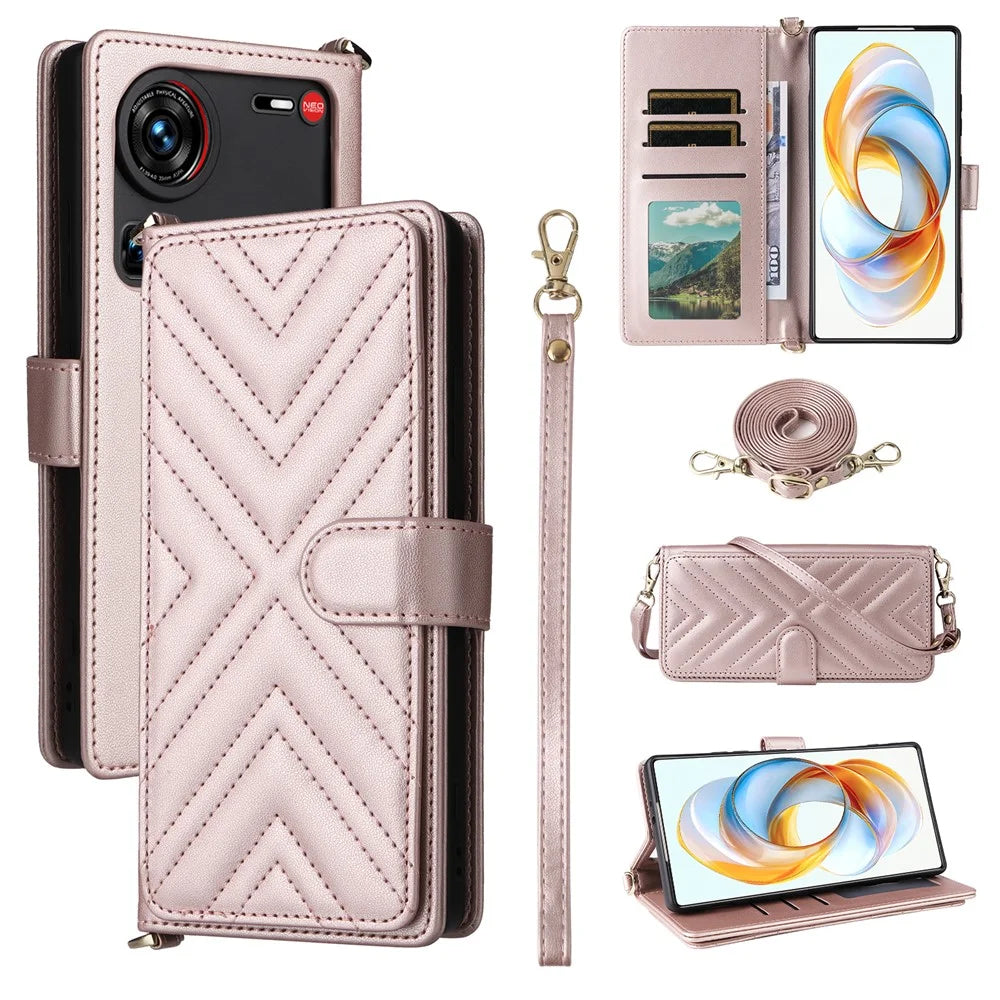 For ZTE nubia Z70S Ultra 5G / nubia Z70 Ultra 5G Wallet Case with Shoulder / Wrist Strap Leather Phone Cover Stand - Pink - 1
