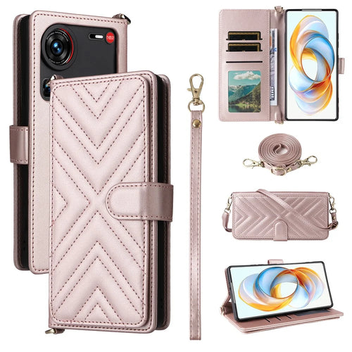 For ZTE nubia Z70S Ultra 5G / nubia Z70 Ultra 5G Wallet Case with Shoulder / Wrist Strap Leather Phone Cover Stand - Pink - 1