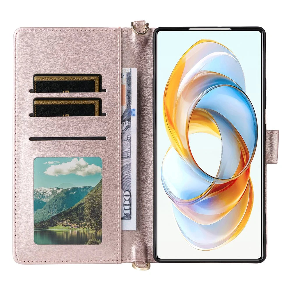 For ZTE nubia Z70S Ultra 5G / nubia Z70 Ultra 5G Wallet Case with Shoulder / Wrist Strap Leather Phone Cover Stand - Pink - 3