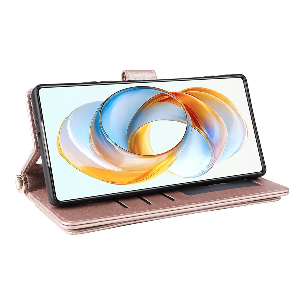 For ZTE nubia Z70S Ultra 5G / nubia Z70 Ultra 5G Wallet Case with Shoulder / Wrist Strap Leather Phone Cover Stand - Pink - 5