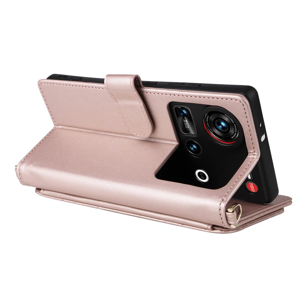 For ZTE nubia Z70S Ultra 5G / nubia Z70 Ultra 5G Wallet Case with Shoulder / Wrist Strap Leather Phone Cover Stand - Pink - 6