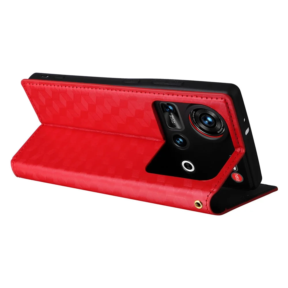 For ZTE nubia Z70S Ultra 5G / nubia Z70 Ultra 5G Wallet Case Rhombus Imprinted Leather Phone Cover - Red - 4