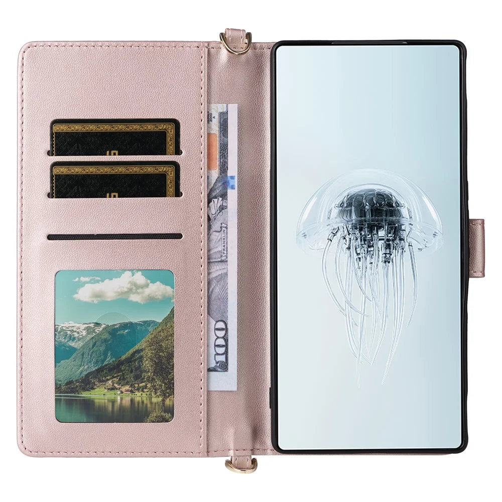 For ZTE nubia Red Magic 10 Pro 5G / 10 Pro+ 5G Wallet Case with Shoulder / Wrist Strap Leather Phone Cover Stand - Pink - 3
