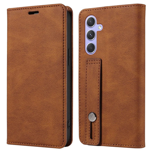 For Samsung Galaxy S25 Case Wristband Design Stand Magnetic Leather Phone Wallet Cover - Brown - 1