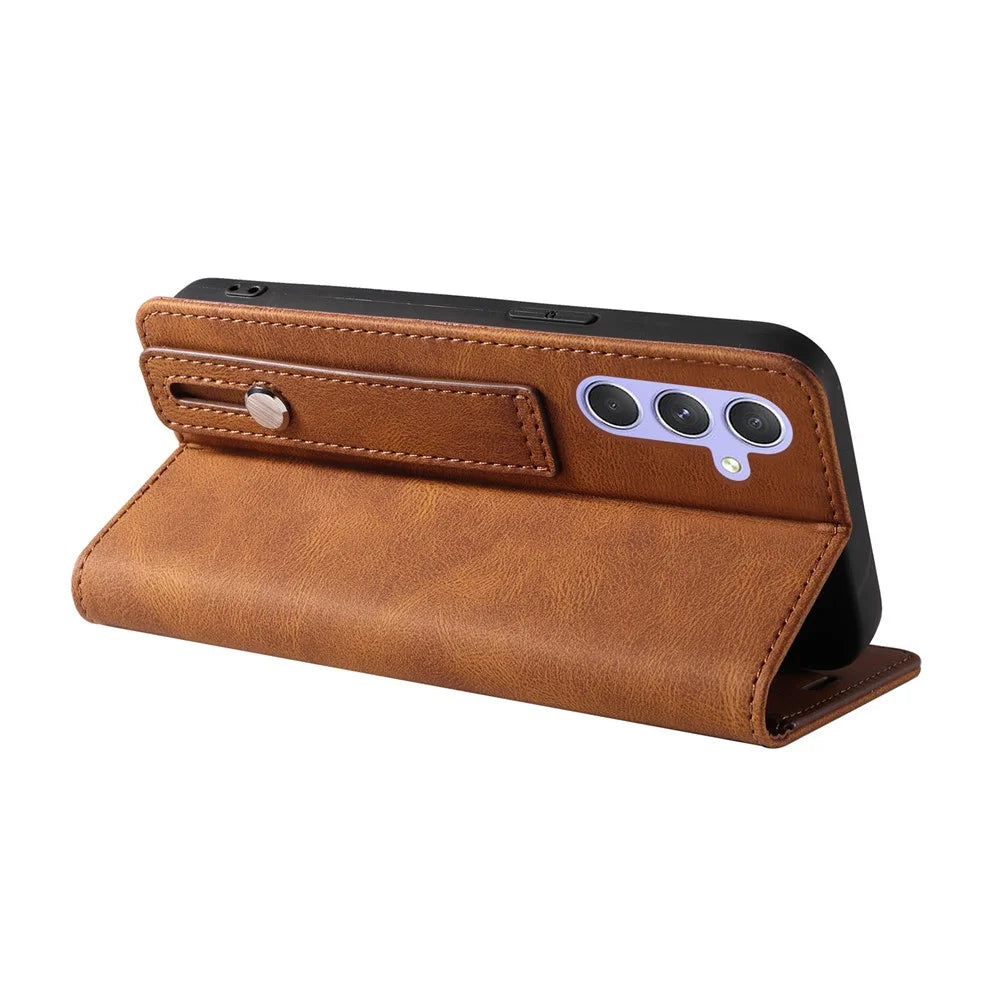 For Samsung Galaxy S25 Case Wristband Design Stand Magnetic Leather Phone Wallet Cover - Brown - 4