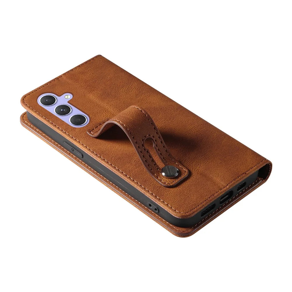 For Samsung Galaxy S25 Case Wristband Design Stand Magnetic Leather Phone Wallet Cover - Brown - 5