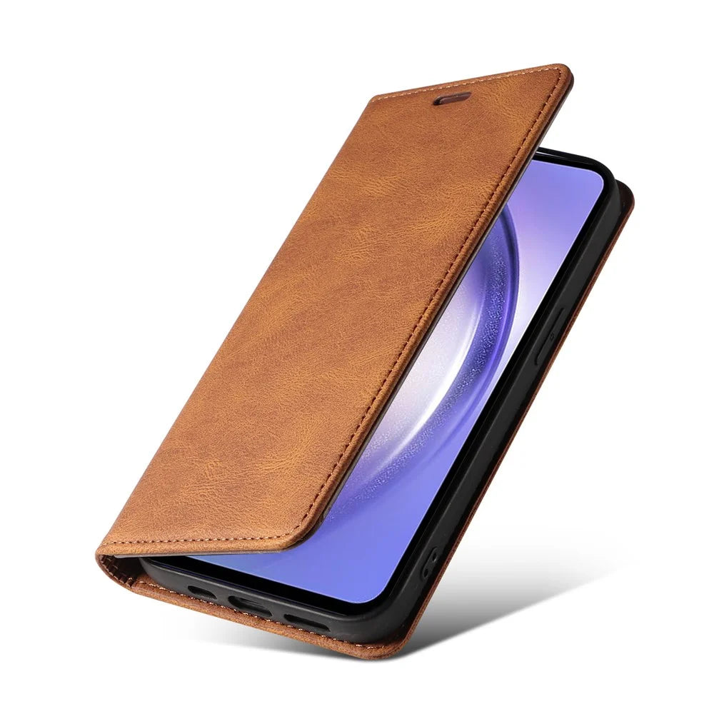 For Samsung Galaxy S25 Case Wristband Design Stand Magnetic Leather Phone Wallet Cover - Brown - 6
