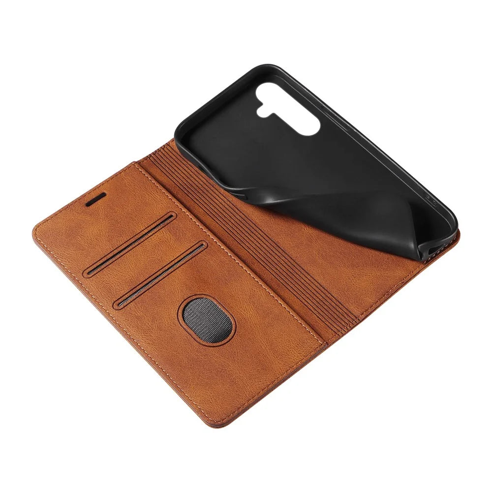 For Samsung Galaxy S25 Case Wristband Design Stand Magnetic Leather Phone Wallet Cover - Brown - 7