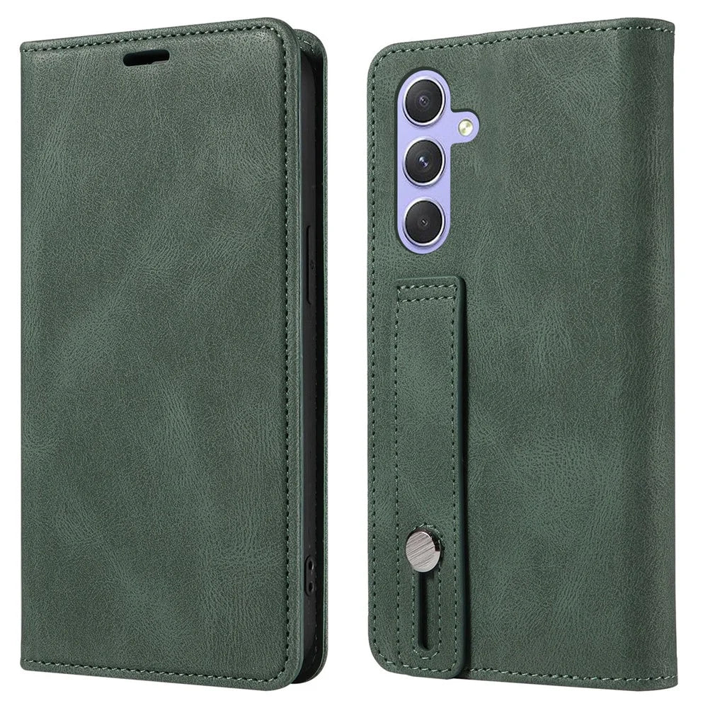 For Samsung Galaxy S25+ Case Wristband Design Stand Magnetic Leather Phone Wallet Cover - Green - 1