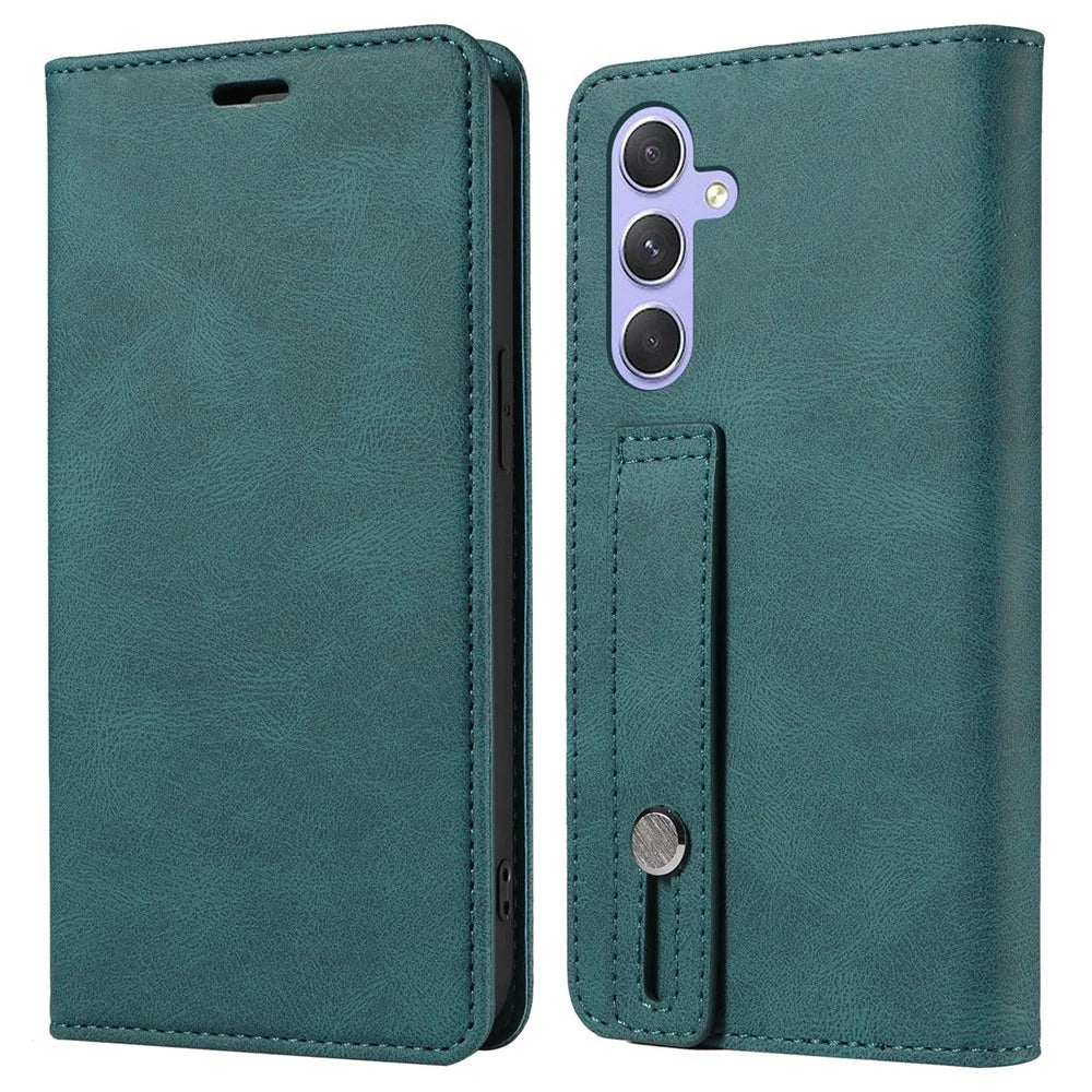 For Samsung Galaxy S24 FE Case Wristband Design Stand Magnetic Leather Phone Wallet Cover - Lake Green - 1