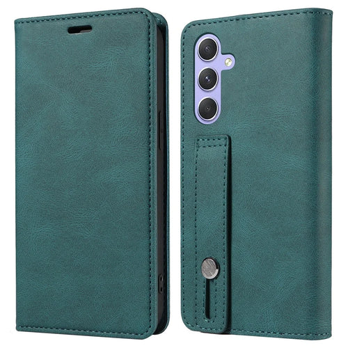 For Samsung Galaxy S24 FE Case Wristband Design Stand Magnetic Leather Phone Wallet Cover - Lake Green - 1