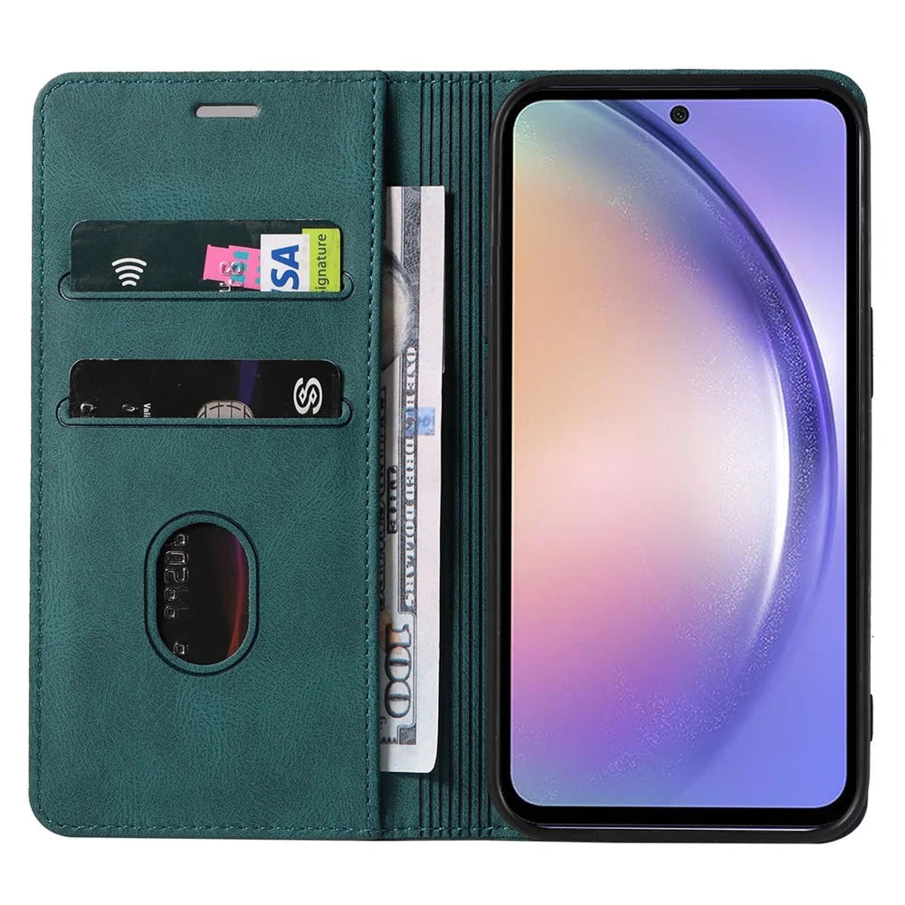For Samsung Galaxy S24 FE Case Wristband Design Stand Magnetic Leather Phone Wallet Cover - Lake Green - 2