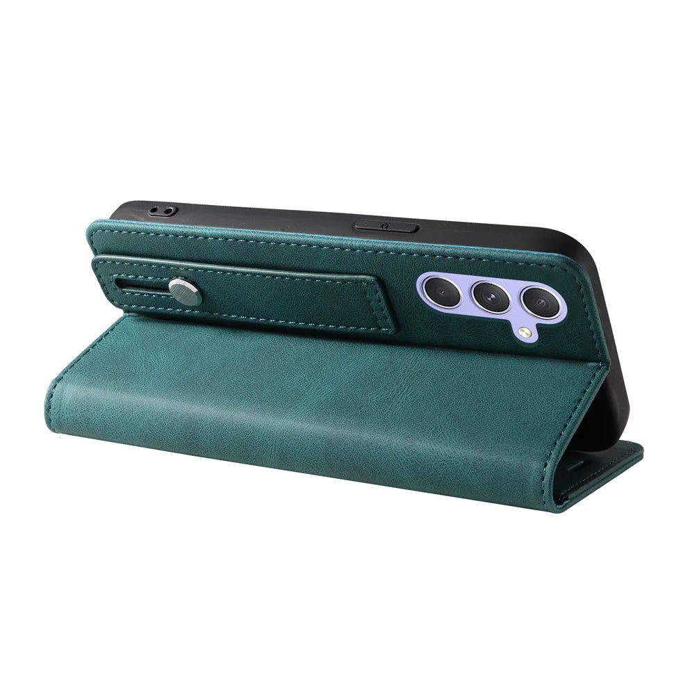 For Samsung Galaxy S24 FE Case Wristband Design Stand Magnetic Leather Phone Wallet Cover - Lake Green - 4