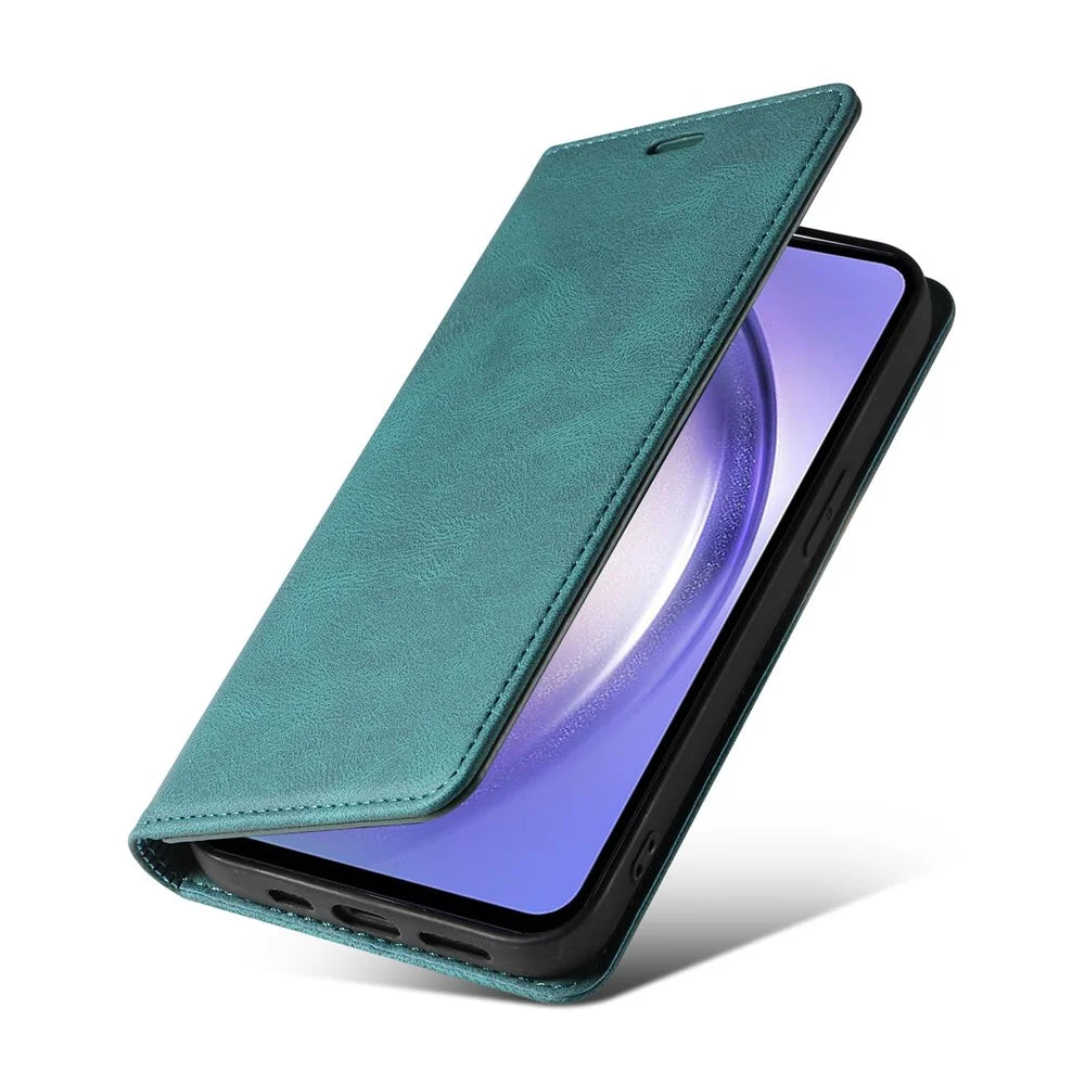 For Samsung Galaxy S24 FE Case Wristband Design Stand Magnetic Leather Phone Wallet Cover - Lake Green - 6