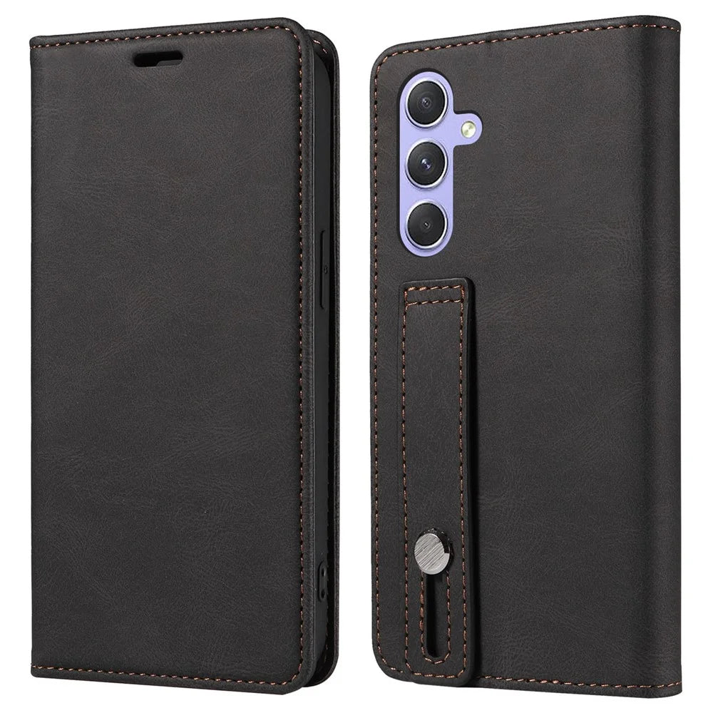 For Samsung Galaxy A16 5G  /  4G Case Wristband Design Stand Magnetic Leather Phone Wallet Cover - Black - 1