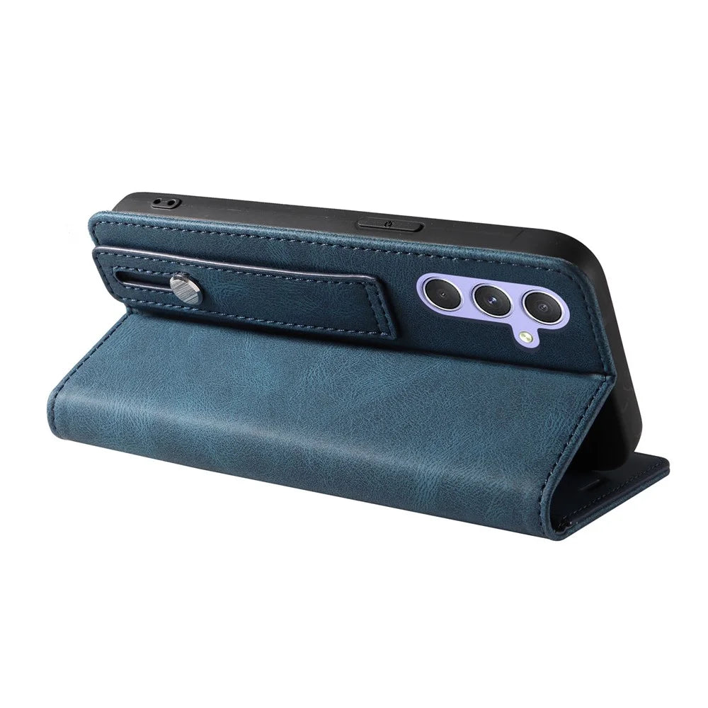 For Samsung Galaxy A26 5G Case Wristband Design Stand Magnetic Leather Phone Wallet Cover - Blue - 4