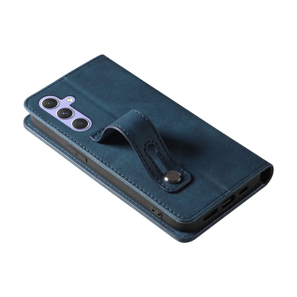 For Samsung Galaxy A26 5G Case Wristband Design Stand Magnetic Leather Phone Wallet Cover - Blue - 5