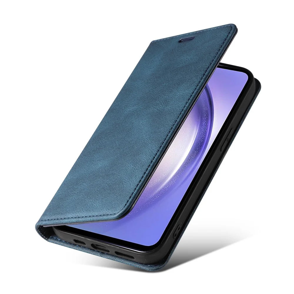 For Samsung Galaxy A26 5G Case Wristband Design Stand Magnetic Leather Phone Wallet Cover - Blue - 6