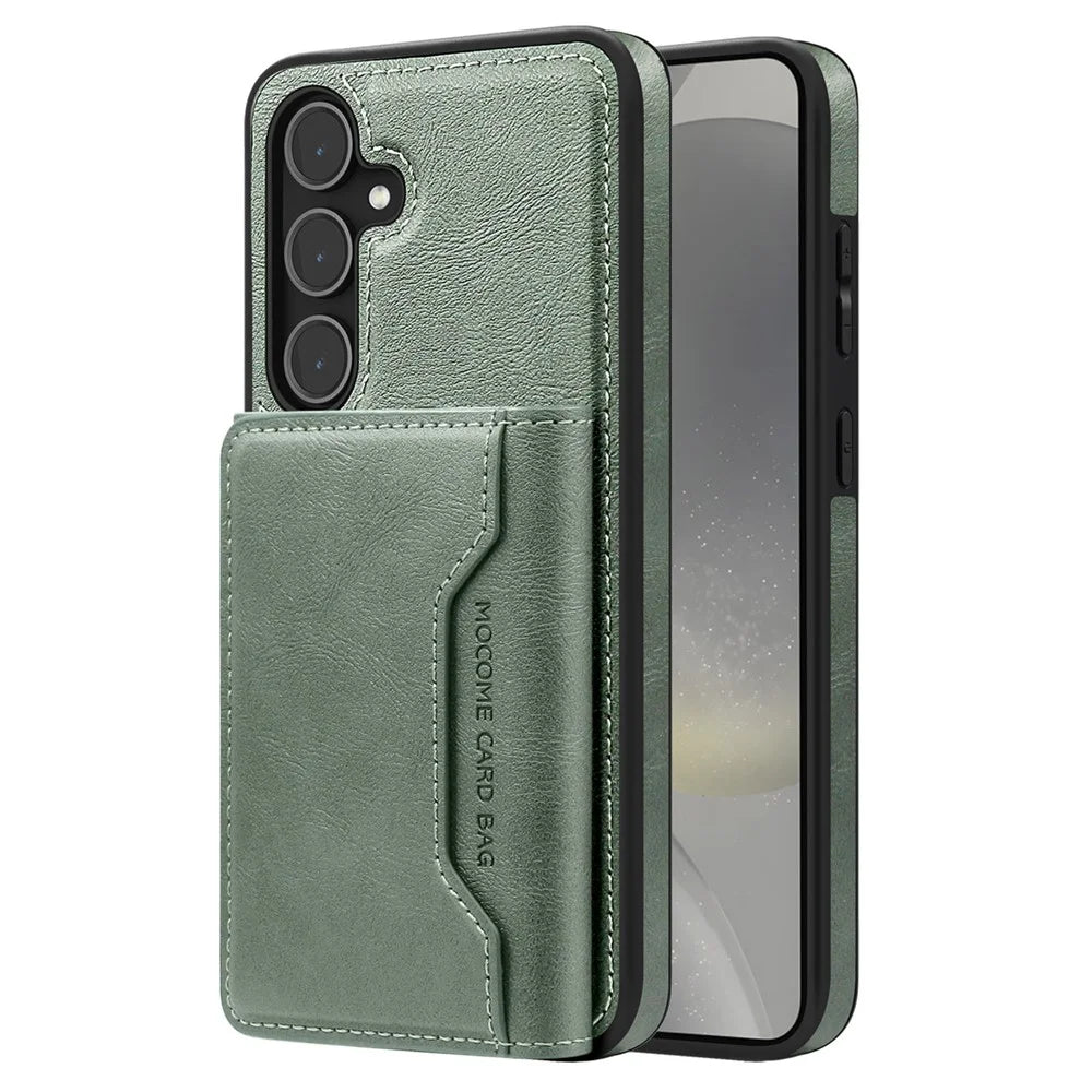 For Samsung Galaxy S25 Magnetic Case Leather Back Phone Cover with Detachable Card Bag - Blackish Green - 1