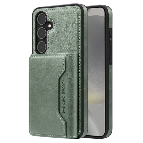 For Samsung Galaxy S25 Magnetic Case Leather Back Phone Cover with Detachable Card Bag - Blackish Green - 1