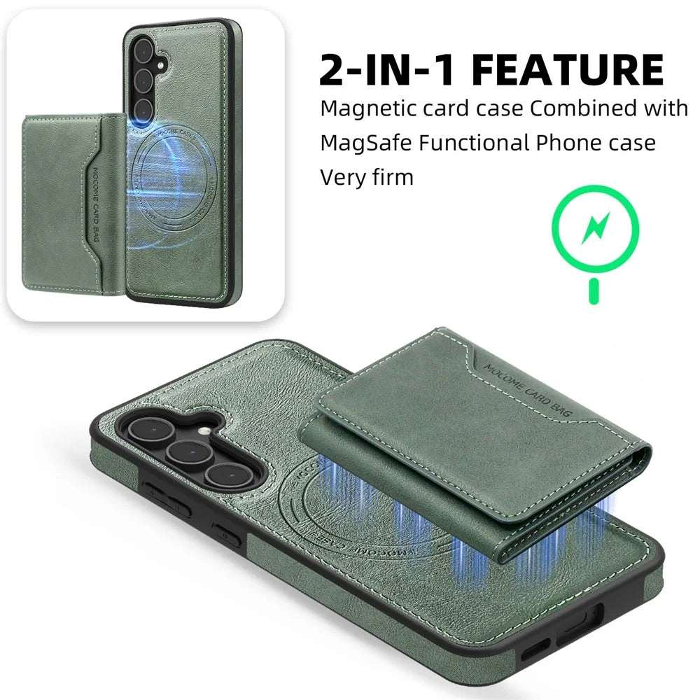 For Samsung Galaxy S25 Magnetic Case Leather Back Phone Cover with Detachable Card Bag - Blackish Green - 2