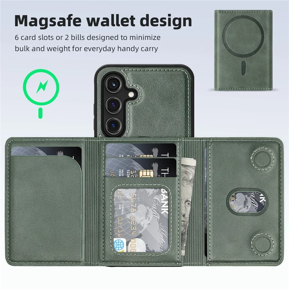 For Samsung Galaxy S25 Magnetic Case Leather Back Phone Cover with Detachable Card Bag - Blackish Green - 3