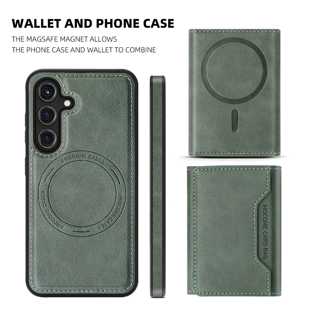 For Samsung Galaxy S25 Magnetic Case Leather Back Phone Cover with Detachable Card Bag - Blackish Green - 6
