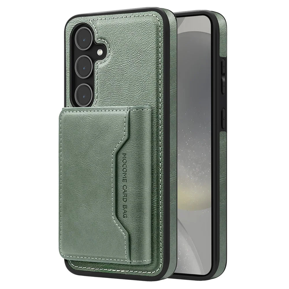 For Samsung Galaxy S25+ Magnetic Case Leather Back Phone Cover with Detachable Card Bag - Blackish Green - 1