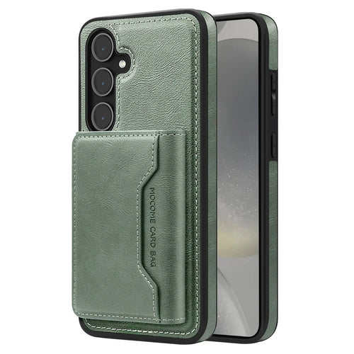 For Samsung Galaxy S25+ Magnetic Case Leather Back Phone Cover with Detachable Card Bag - Blackish Green - 1