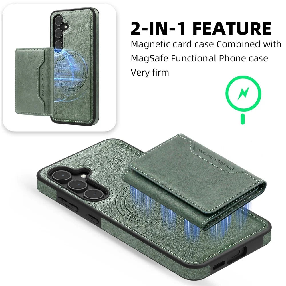 For Samsung Galaxy S25+ Magnetic Case Leather Back Phone Cover with Detachable Card Bag - Blackish Green - 2