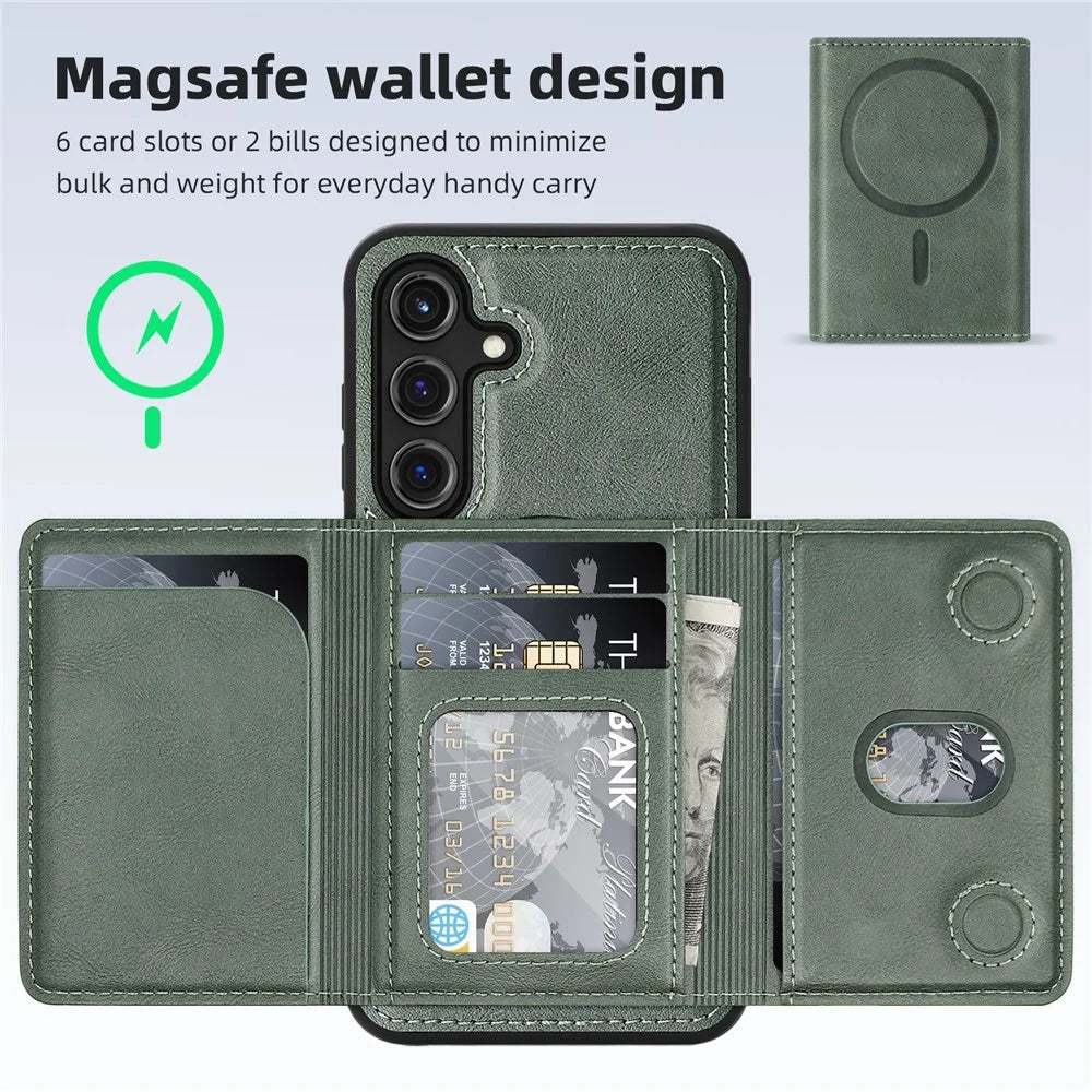 For Samsung Galaxy S25+ Magnetic Case Leather Back Phone Cover with Detachable Card Bag - Blackish Green - 3
