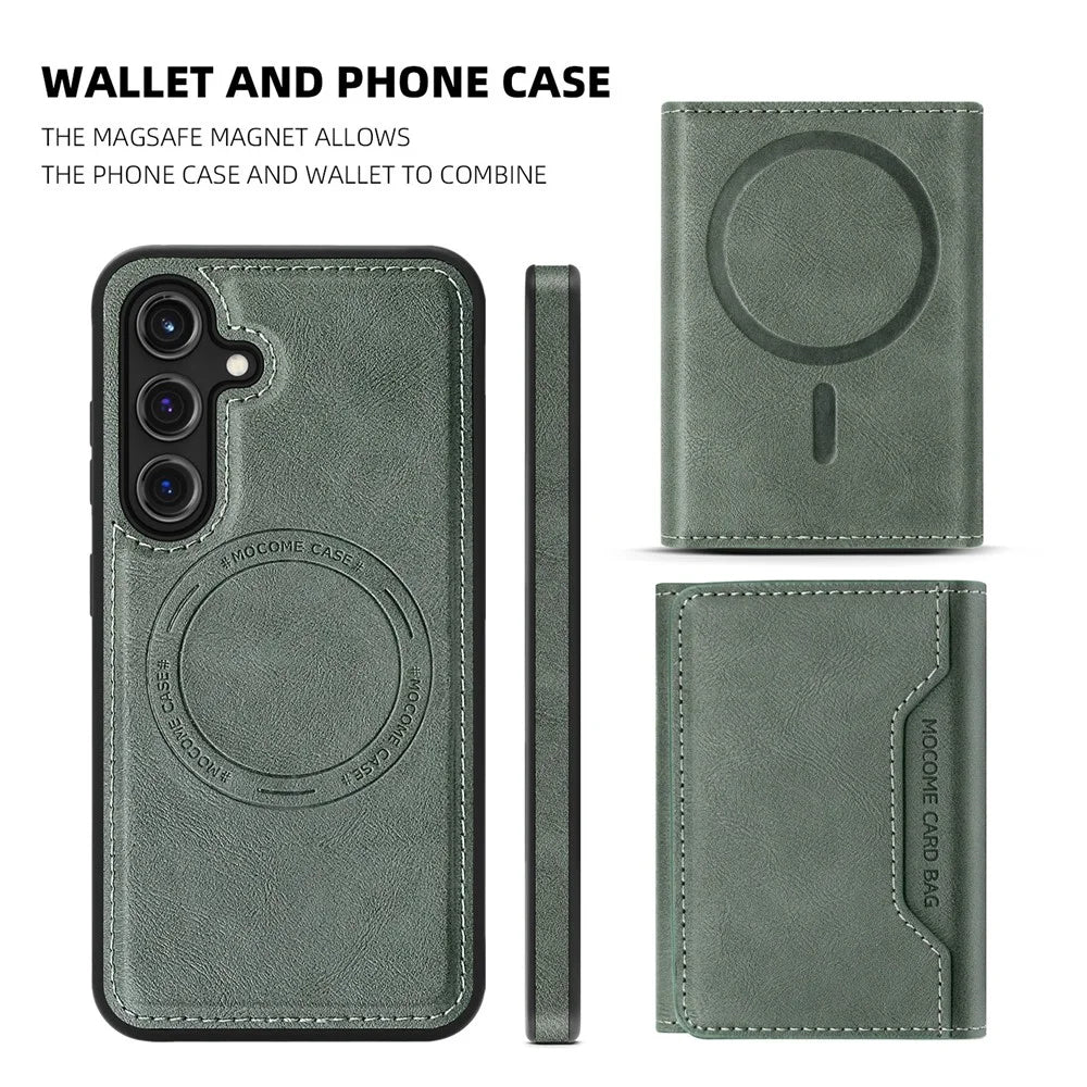 For Samsung Galaxy S25+ Magnetic Case Leather Back Phone Cover with Detachable Card Bag - Blackish Green - 6