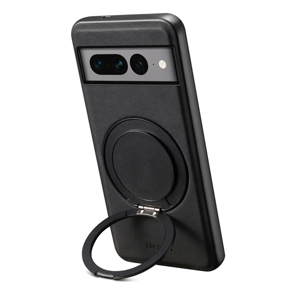 DENIOR A14 For Google Pixel 7 Pro 5G Magnetic Case Rotary Kickstand Leather PC TPU Phone Cover - Black - 2