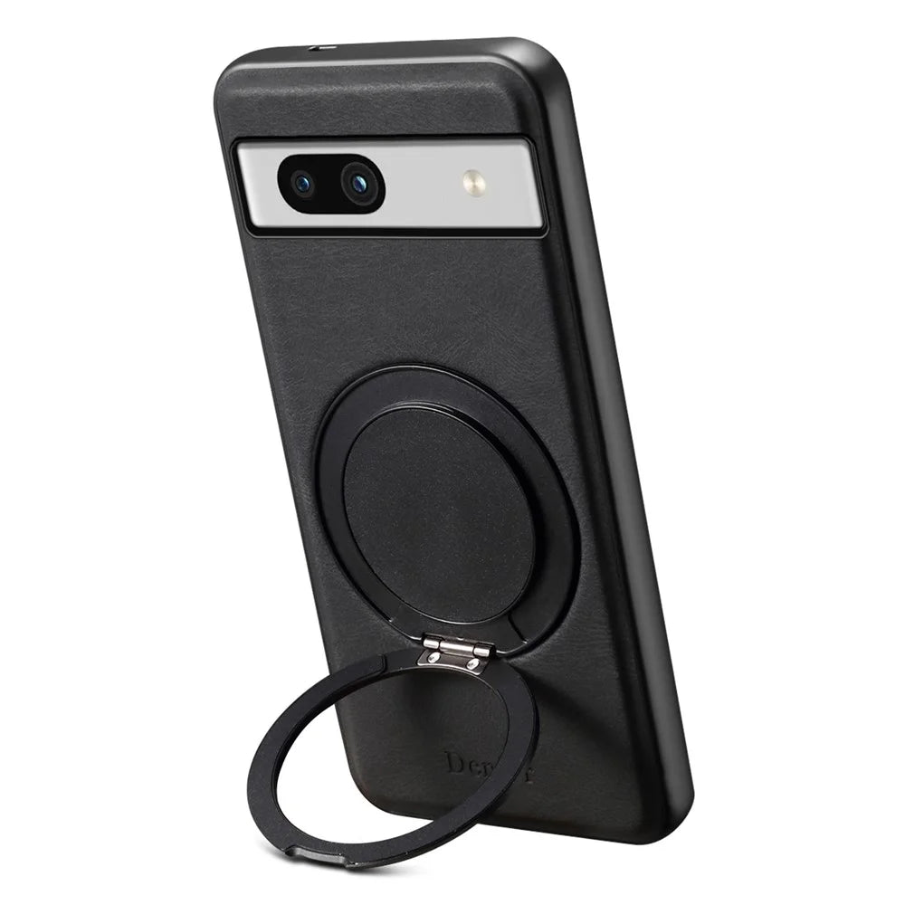 DENIOR A14 For Google Pixel 7a Magnetic Case Rotary Kickstand Leather PC TPU Phone Cover - Black - 2