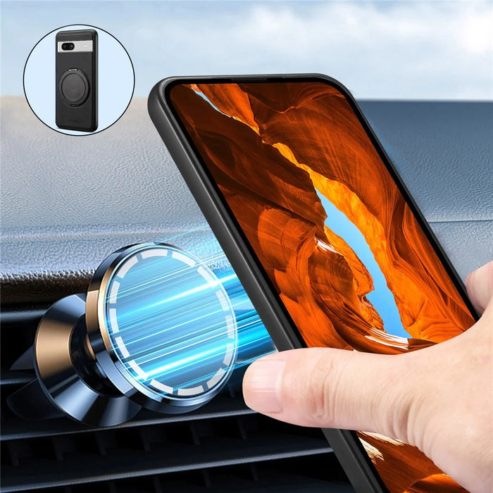 DENIOR A14 For Google Pixel 7a Magnetic Case Rotary Kickstand Leather PC TPU Phone Cover - Black - 6