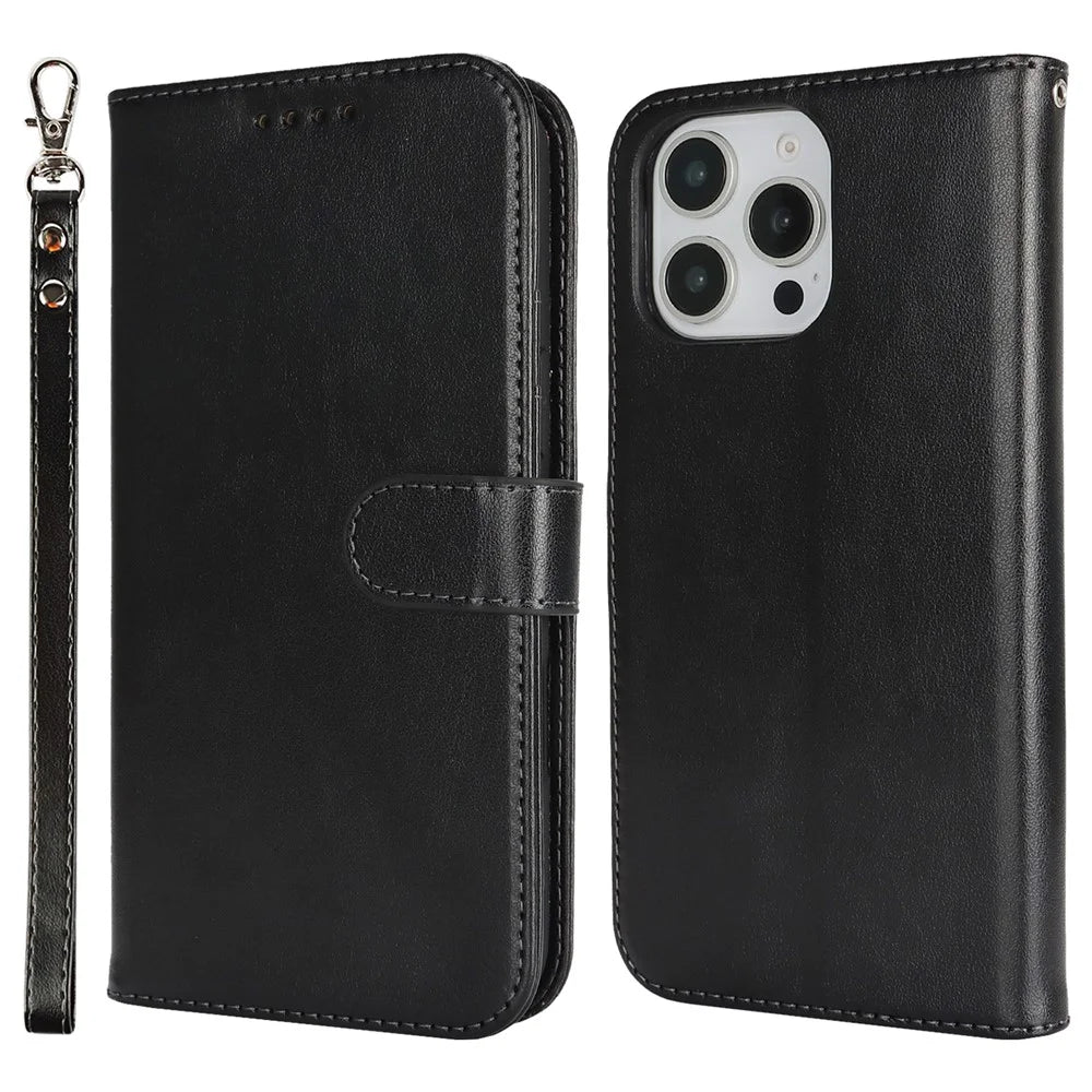 For iPhone 16 Pro Case R61 Texture Wallet Leather Flip Phone Cover - Black - 1