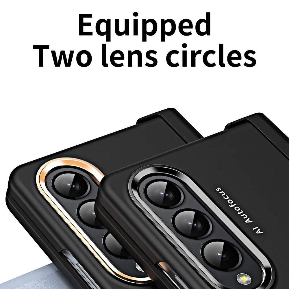 For Samsung Galaxy Z Fold4 5G Anti-drop Folding Phone Case Full Protection Hinge Hard PC Phone Cover with Two Plating Lens Circles - Black - 5