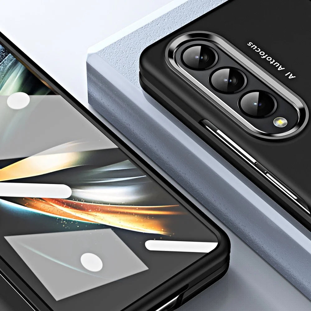 For Samsung Galaxy Z Fold4 5G Anti-drop Folding Phone Case Full Protection Hinge Hard PC Phone Cover with Two Plating Lens Circles - Black - 6