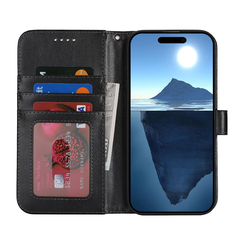 For iPhone 16 Case R61 Texture Wallet Leather Flip Phone Cover - Black - 2