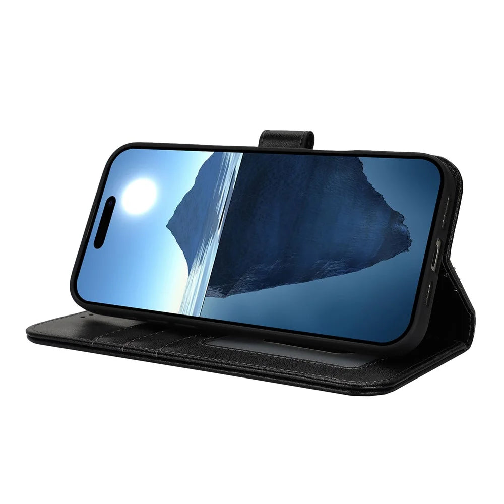 For iPhone 16 Case R61 Texture Wallet Leather Flip Phone Cover - Black - 3