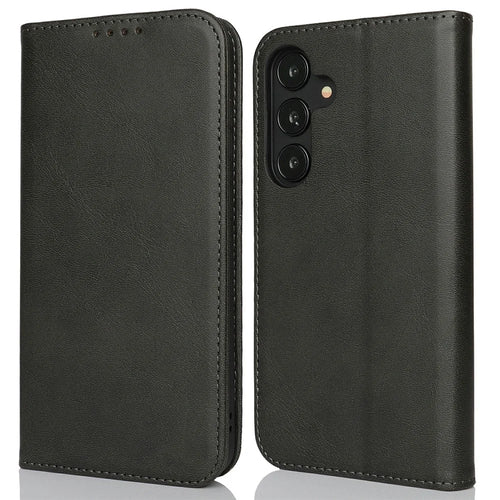 For Samsung Galaxy S25+ Case PU Leather Calf Textured Magnetic Closing Smart Phone Cover - Black - 1