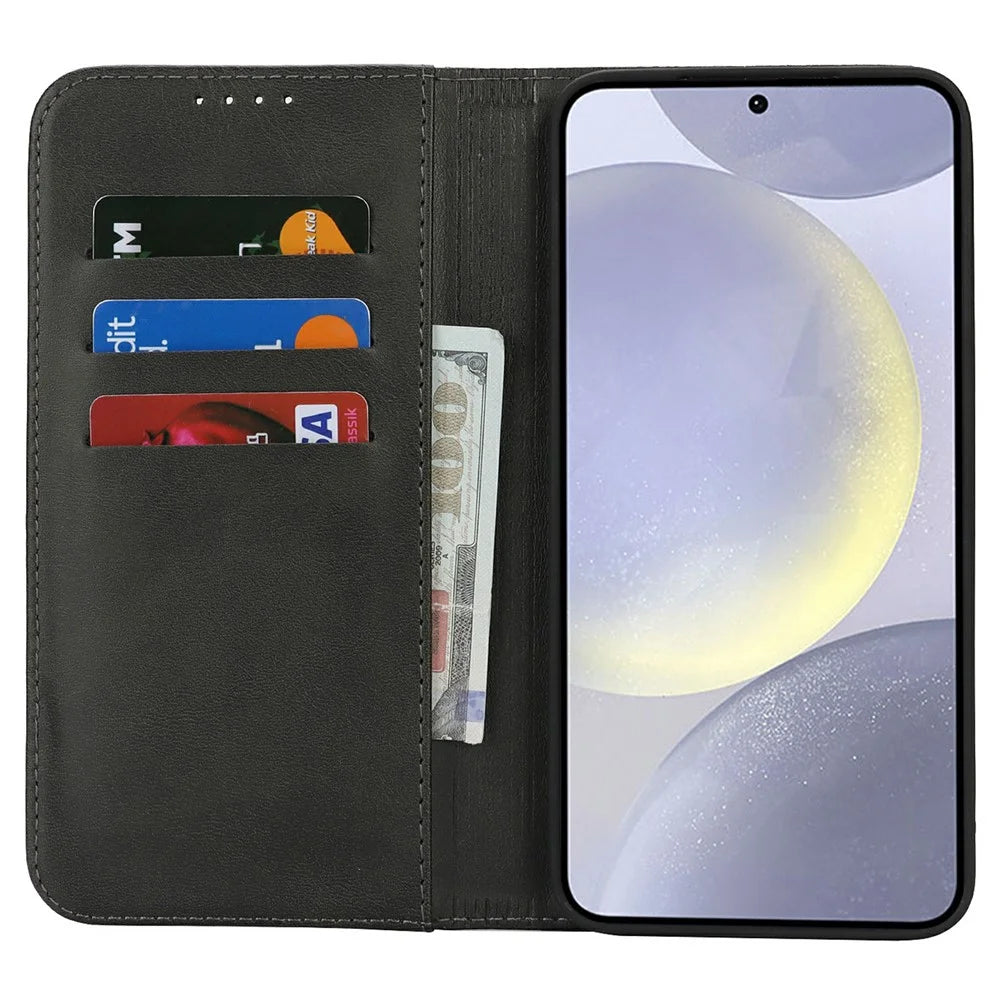 For Samsung Galaxy S25+ Case PU Leather Calf Textured Magnetic Closing Smart Phone Cover - Black - 2