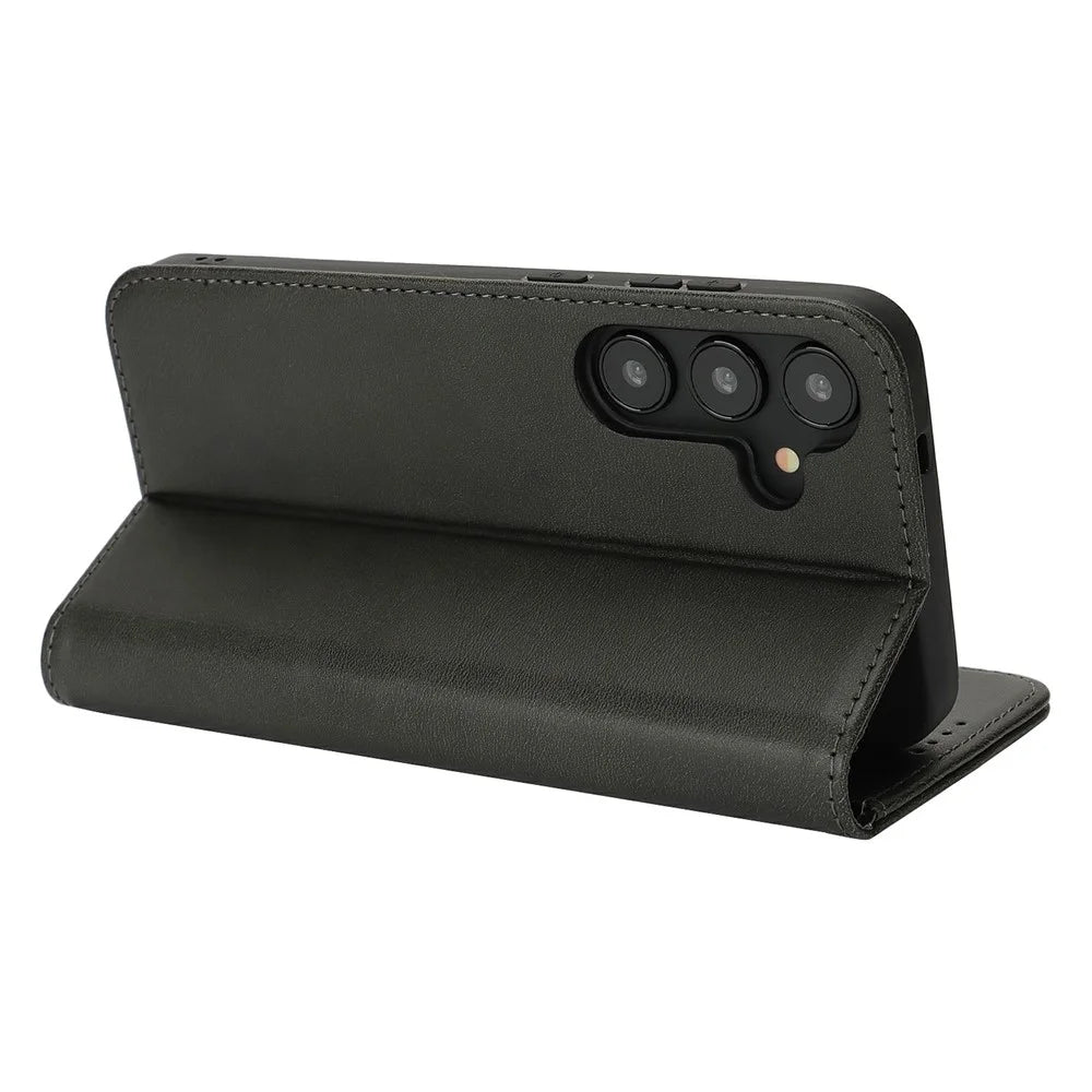 For Samsung Galaxy S25+ Case PU Leather Calf Textured Magnetic Closing Smart Phone Cover - Black - 3