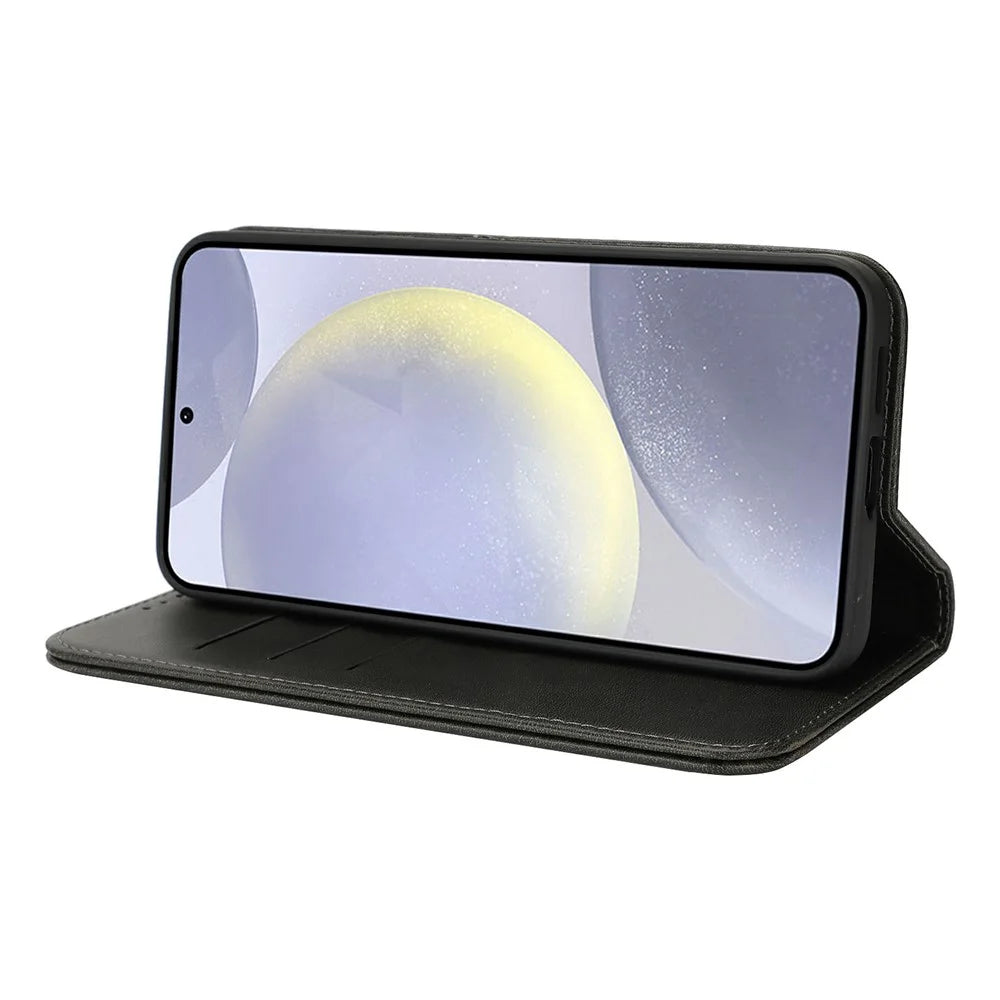 For Samsung Galaxy S25+ Case PU Leather Calf Textured Magnetic Closing Smart Phone Cover - Black - 4