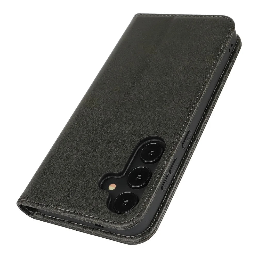For Samsung Galaxy S25+ Case PU Leather Calf Textured Magnetic Closing Smart Phone Cover - Black - 5